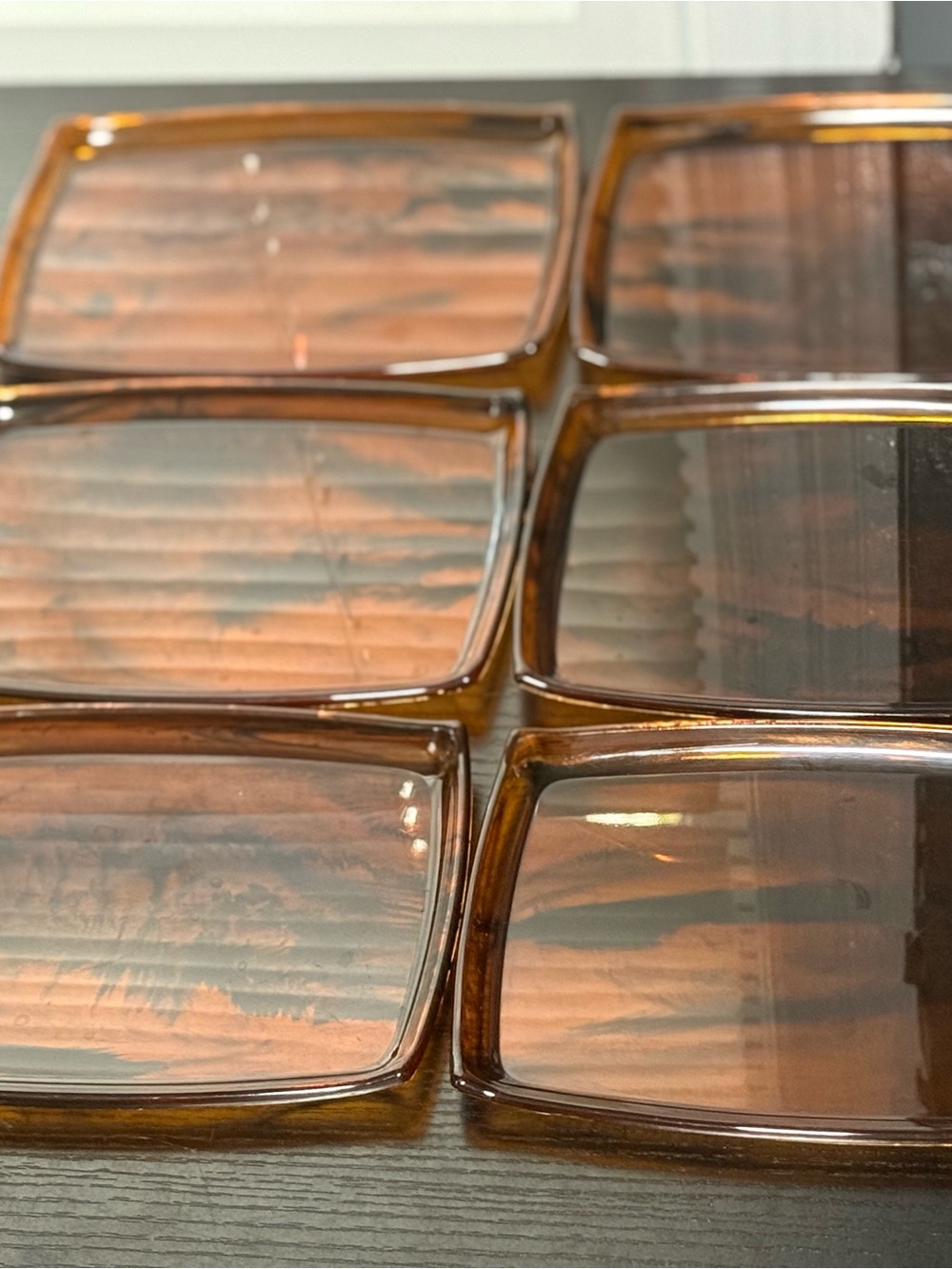 Set of (6) Vintage MCM Marbled Amber Lucite Faux Tortoise Shell Snack Trays - Picture 4 of 9